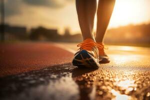 Person Füße mit Laufen Schuh auf ein Sport Rennen Schiene, generativ ai foto
