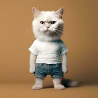 ein Katze im ein Weiß T-Shirt zum Attrappe, Lehrmodell, Simulation . generativ ai foto