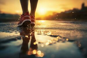 Person Füße mit Laufen Schuh auf ein Sport Rennen Schiene, generativ ai foto