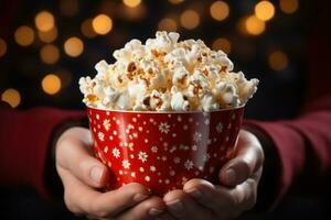 schließen oben auf ein rot und Weiß gestreift Popcorn Tasse im ein Film Theater. generativ ai foto