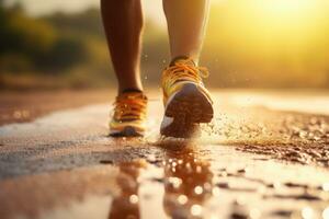 Person Füße mit Laufen Schuh auf ein Sport Rennen Schiene, generativ ai foto