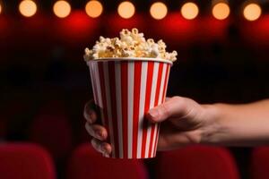 schließen oben auf ein rot und Weiß gestreift Popcorn Tasse im ein Film Theater. generativ ai foto