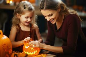 atemberaubend Nahansicht fotografieren von ein Kind und ihr Mutter Carving Kürbisse zum Halloween, betonen das kreativ Seite von das Jahreszeit und das emotional Verbindung zwischen ihnen. generativ ai foto