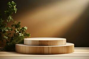 Holz Podium Anzeige zum Essen, Parfüm, Schmuck und kosmetisch Produkte auf einfarbig Hintergrund. generativ ai foto