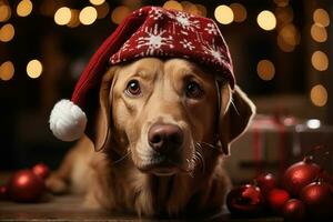 Hund und Katze von ein Kätzchen im ein Weihnachten Santa Hut, Nahansicht. generativ ai foto