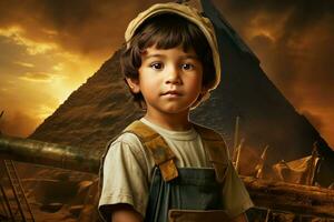 sonnenverwöhnt uralt ägyptisch Pyramide Kind Junge. generieren ai foto