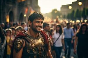 ein Straße Künstler gekleidet wie ein römisch Gladiator ein Foto von ein Läufer Sprinten durch ein Stadt Park ai generativ