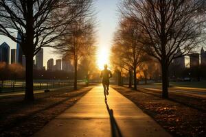 ein Foto von ein Läufer Sprinten durch ein Stadt Park ai generativ