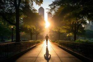 ein Foto von ein Läufer Sprinten durch ein Stadt Park ai generativ