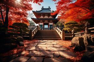 Kyoto Tempel geschmückt mit beschwingt Herbst ai generativ foto