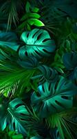 Vertikale Hintergrund von Palme Blätter und Monstera im Dschungel, Idee zum Innere, oben Sicht. ai generiert foto