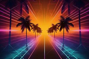 abstrakt geometrisch Schwimmbad Party Hintergrund Center Perspektive mit bunt LED Neon- Linien. Sommer- Licht Musik- Show Szene, glühend futuristisch Formen auf dunkel Hintergrund. ai foto