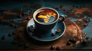 International Kaffee Tag Gruß Karte, Kaffee Tasse mit Welt Karte und Kaffee Bohnen. generativ ai foto