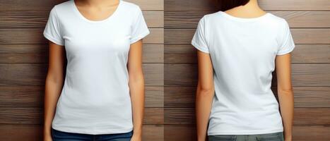 Weiß leeren T-Shirt Frau Modell- Vorlage Attrappe, Lehrmodell, Simulation zum Design Vorderseite und zurück Aussicht ai generativ foto