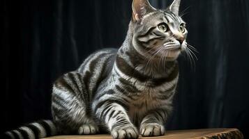 ein schön Erwachsene Tabby inländisch Katze sitzt auf ein dunkel Hintergrund. ai generiert foto