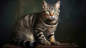 ein schön Erwachsene Tabby inländisch Katze sitzt auf ein dunkel Hintergrund. ai generiert foto