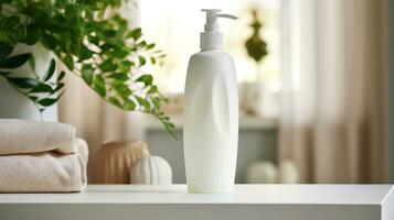 Weiß Flasche mit ein Pumpe zum Flüssigkeit Seife im das Innere von ein Zuhause Badezimmer. ai generiert. foto