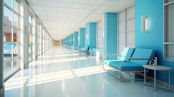 leeren modern Krankenhaus Gang mit Räume und Sitze warten Zimmer im medizinisch Büro. Gesundheitswesen Bedienung Innere foto