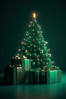 beleuchtet dekoriert Grün Weihnachten Baum mit Geschenk Kisten auf Grün Hintergrund, fröhlich Weihnachten und glücklich Neu Jahr foto