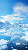 schneebedeckt Berge reflektiert im Ruhe Wasser um Eis Scholle foto