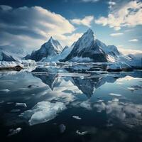 schneebedeckt Berge reflektiert im Ruhe Wasser um Eis Scholle foto