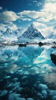 schneebedeckt Berge reflektiert im Ruhe Wasser um Eis Scholle foto