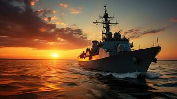 Sonnenuntergang Über ein Marine Schiff auf das öffnen Meer foto