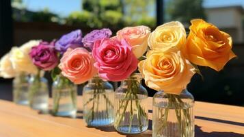 hell farbig Blumen und Grün im ein Glas Vase foto