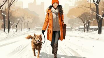 Illustration von attraktiv jung Frau im Orange Jacke Gehen mit ihr Hund im das Winter Park. foto