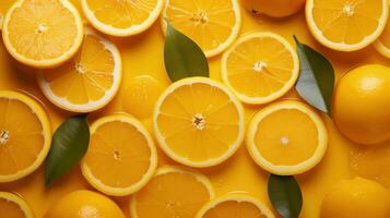 Orangen, frisch Grün Blätter und oben Aussicht auf Gelb Hintergrund foto