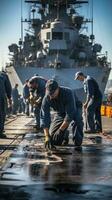 Besatzung Mitglieder Arbeiten auf das Deck von ein Schlachtschiff foto