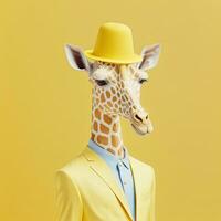 cool Mode Giraffe mit Hut und im stilvoll Shirt, passen und binden. Gelb einfarbig Porträt. Pop Kunst modern Stil und Lebensstil Konzept. zeitgenössisch Kunst, kreativ Idee. generativ ai foto