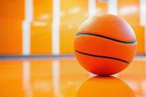 Basketball Ball im Fitnessstudio, schließen hoch, Orange Hintergrund. Kopieren Raum. generativ ai foto