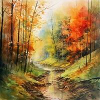 Aquarell Herbst Landschaft, Aquarell malen, Blatt fallen. generativ ai foto