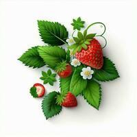 Erdbeere mit Blätter Weiß Hintergrund Obst gesund frisch Grün Blätter Rot. ai generativ foto