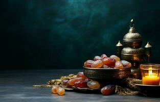Tischplatte Bild von Ramadan kareem Dekoration, Termine Frucht, Aladdin Lampe, und Rosenkranz Perlen auf dunkel Stein Hintergrund. Kopieren Raum im ein eben legen. ai generativ foto