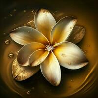 Single Frangipani im duftend Wasser mit Gold Farbe Hintergrund. ai generativ foto