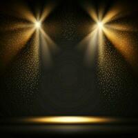 golden Scheinwerfer erleuchten ein dunkel Bühne Boden, perfekt zum ein Hintergrund oder Attrappe, Lehrmodell, Simulation zum ein Star Künstler beim ein Gala oder Nachtclub. ai generativ foto