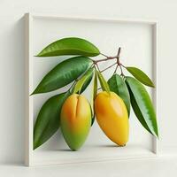 Mango mit Blätter Weiß Hintergrund Obst gesund frisch Grün Blätter Gelb. ai generativ foto