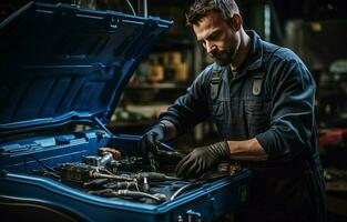 beim ein zeitgenössisch Bedienung Bahnhof, ein Mechaniker öffnet ein Blau Metall Box enthält verschiedene Werkzeuge zum Auto Reparatur. ai generativ foto