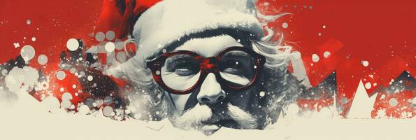 Weihnachten Kunst Collage mit Santa claus Kopf tragen rot Hut und Brille. Halbton retro Stil Poster, Schnitt aus Formen, modern Jahrgang Banner foto