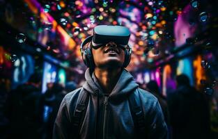auf ein düster Hintergrund, ein jung Mann ist tragen virtuell Wirklichkeit Brille. virtuell Wirklichkeit, Smartphone verwenden, und Begriff von Zukunft Technologie. ai generativ foto