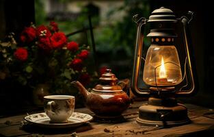 ein Kerosin Lampe und ein hölzern Tabelle mit ein Kaffee und Croissant zum Frühstück im ländlich Italien. ai generativ foto