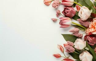 Kopieren Raum auf ein Blumen- Weiß Hintergrund. Tulpen, Rosen, Eukalyptus, und Eukalyptus. Frühling blüht. ai generativ foto
