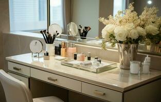 Dort sind Kosmetika und ein Spiegel auf das Dressing Tabelle gelegen im das Badezimmer. ai generativ foto