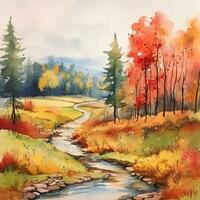 Aquarell Herbst Landschaft, Aquarell malen, Blatt fallen. generativ ai foto