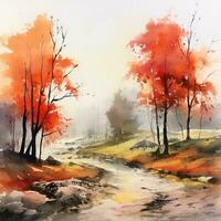 Aquarell Herbst Landschaft, Aquarell malen, Blatt fallen. generativ ai foto