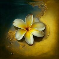 Single Frangipani im duftend Wasser mit Gold Farbe Hintergrund. ai generativ foto