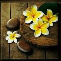 Single Frangipani im duftend Wasser mit Gold Farbe Hintergrund. ai generativ foto