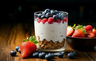 auf ein rustikal hölzern Tisch, Dort sind Erdbeeren, Blaubeeren, und Frühstück Müsli im Joghurt. ai generativ foto